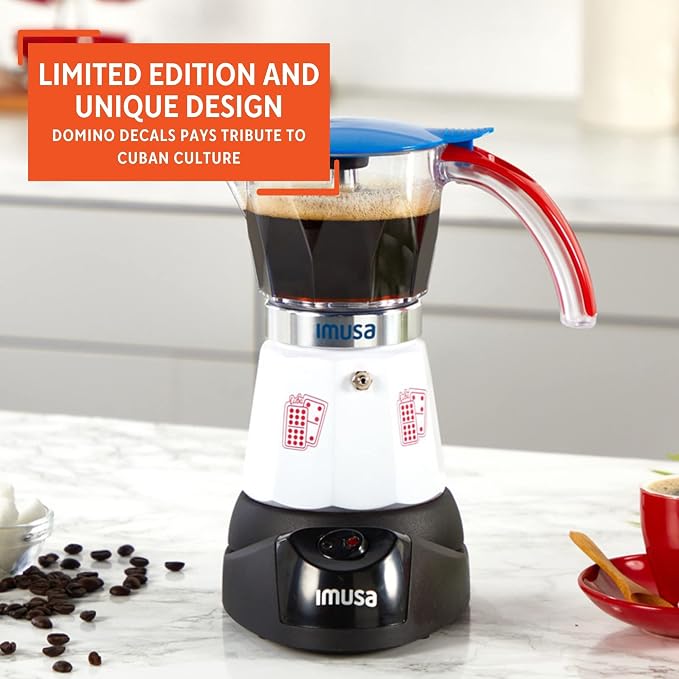 Imusa Special Edition Electric Cuba/Domino themed Espresso Maker, 3 or 6 Cups, White, Red, Blue | Brews 3 or 6 Cups, Ideal for Entertaining and Office - Image 3