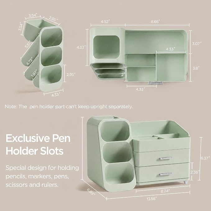 HBlife Desk Organizer with Pen Pencil Holder for Desk, Pen Organizer with 2 Drawers, Desk Organizers and Accessories with 4 Compartments, Desktop Storage for Office Home School Art Supplies, All Green - Image 5