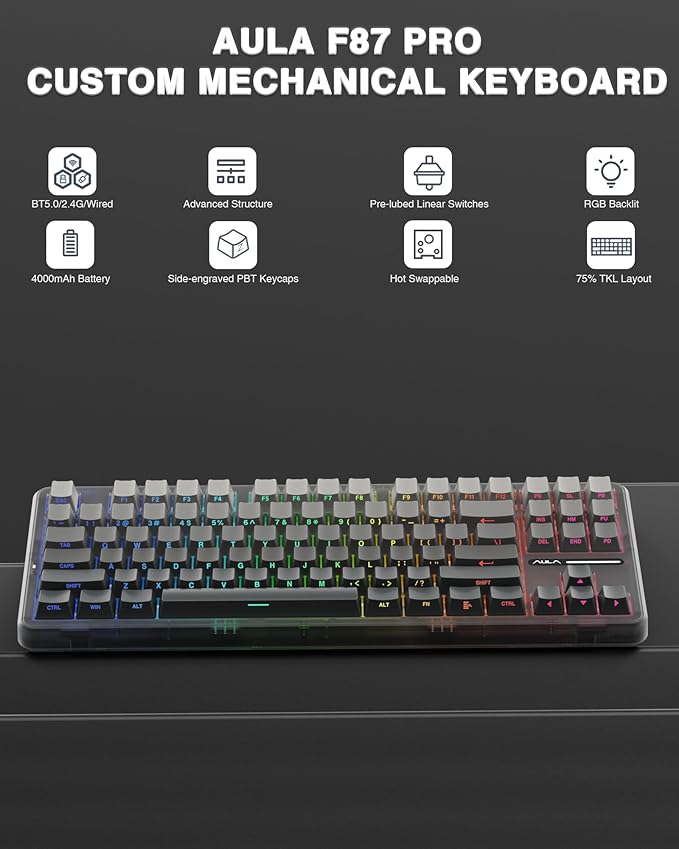 AULA F87 Pro Wireless Mechanical Keyboard,Tri-Mode BT5.0/2.4GHz/USB-C Hot Swappable Custom Keyboard,Pre-lubed Switches,Side Printed PBT Keycaps,75% TKL RGB Backlit Gaming Keyboards - Image 2