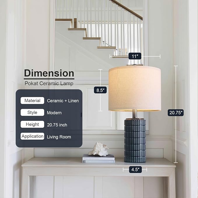 PoKat 20.75" Small Blue Table Lamps, Farmhouse Bedside Lamps for Bedroom Set of 2, Ceramic End Table Lamps for Night Stands Living Room, Modern Nightstand Desk Lamps, Dark Blue - Image 2