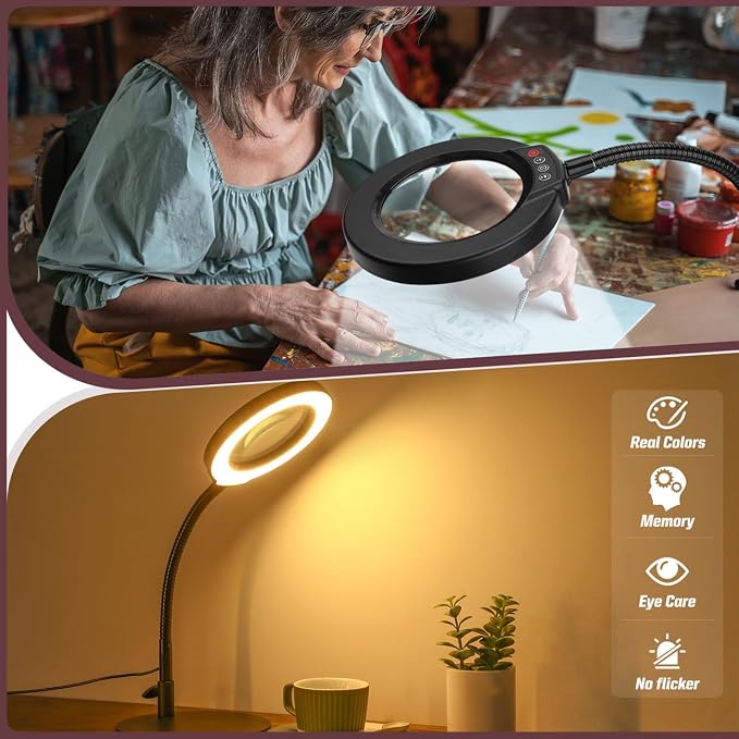 10X Magnifying Glass with Light and Stand, 5 Color Modes Stepless Dimmable LED Lighted Desk Lamp, Hands Free Magnifier with Flexible Goose-Neck for Craft Hobby Painting Sewing Close Work - Image 6