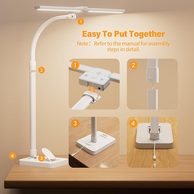LED Desk Lamp with Base - Bright Dimmable Computer Lamp with Phone Holder, 24W Bendable Desk Light for Monitor Screen, Eye-Caring Tall Desktop Light for Task Home Office Work, White, Dual Head - Image 7