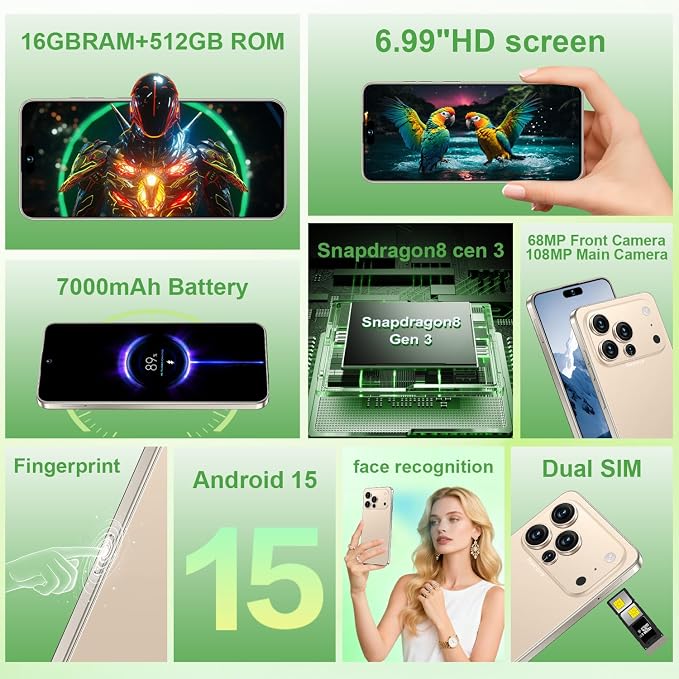 17 PMAX Unlocked Cell Phone,16GB+512GB Smartphone,6.99" HD Screen Android 15 5G Phones,Battery 7000mAh Android The Phone,Fingerprint Button Unlock/GPS/Face ID/Dual SIM/5G (Gold) - Image 2