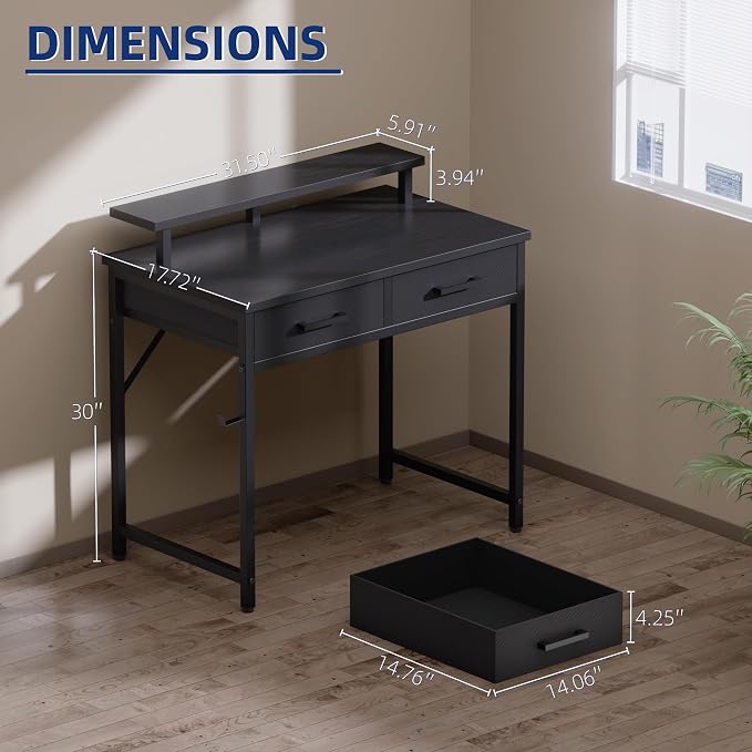 Pamray 32 Inch Small Computer Desk with Monitor Stand and 2 Drawers | Small Gaming Desk, for Bedroom Apartment and Dorm, for Study Work and Writing, Small Spaces, Sturdy, Easy Assembly - Image 3