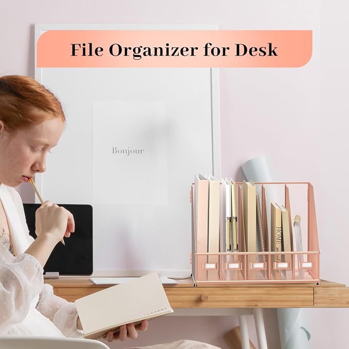SUPEASY Desk Organizers Metal Desk Magazine File Holder with 5 Vertical Compartments Rack File Organizer for Office Desktop, Home Workspace, Rose Gold - Image 7