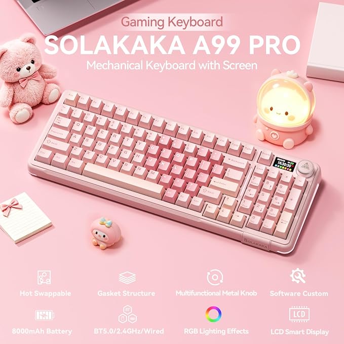 SOLAKAKA A99 Pro Wireless Gaming Keyboard with LCD Screen & Metal Knob, 96% Layout Mechanical Keyboard, 2.4GHz/BT5.0/USB-C, Hot Swappable, Creamy Keyboard with Gasket Structure, RGB, for Win/Mac - Image 2