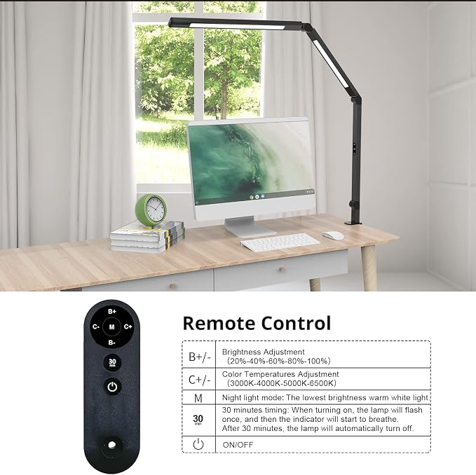 LED Desk Lamp with Clamp, Architect Desk Lamp for Home Office with Remote Control, Swing Arm Clamp on Computer Light, Clip-on Eye-Care Adjustable 5 Brightness Levels Table Light for Working Drafting - Image 4