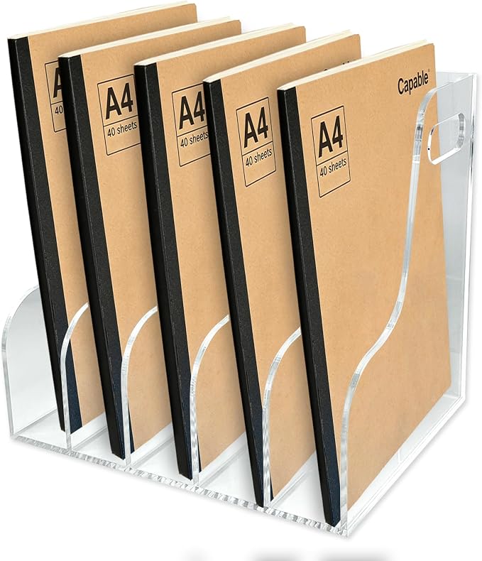 5-Tier Clear Acrylic File Holder, Vertical Document Organizer for Magazines, Binders, Notebooks & Envelopes - Multi-Purpose Desk Storage for Home Office（A4,5 Sections） by Unknown