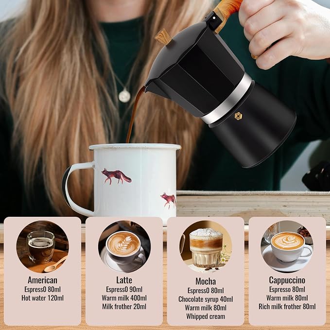 6 Cup Aluminum Moka Pot Classic Stovetop Espresso Coffee Maker 300ml 10oz Coffeemaker Percolator Mocha Pot Greca Coffee Maker Cafe Makers for Italian and Cuban Café Brewing Black - Image 7