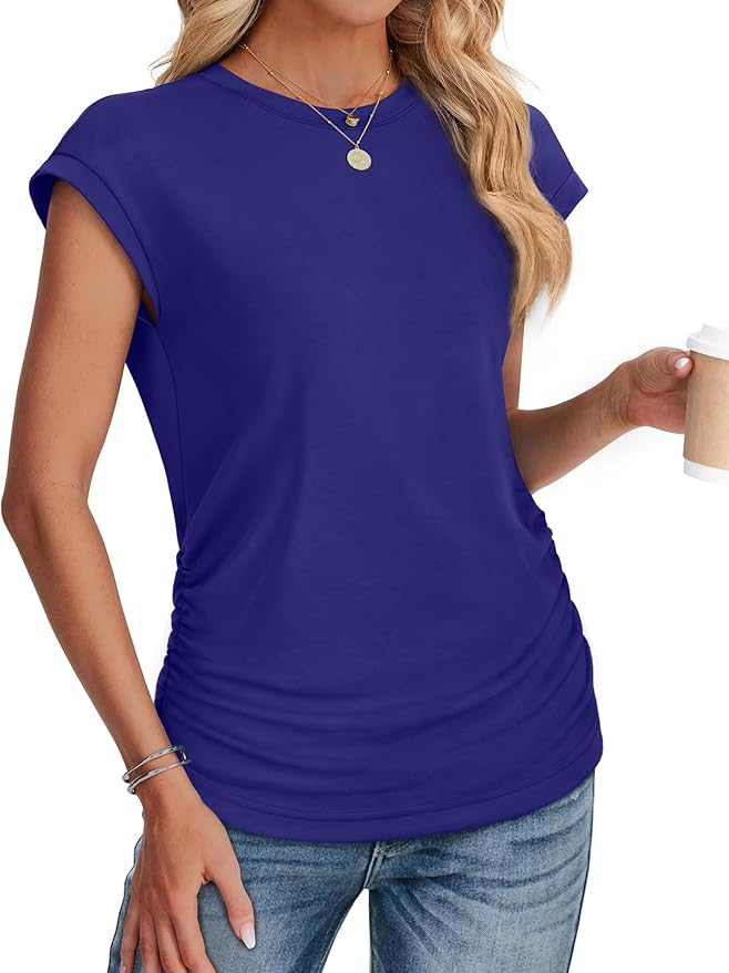 Sampeel Womens Summer Tops Trendy 2026 Ruched Cap Short Sleeve Tshirts Shirts Crew Neck T Shirts Fashion - Image 3