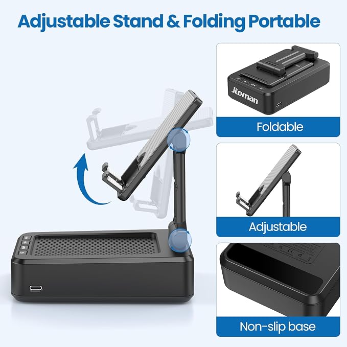 JTEMAN Cell Phone Stand with Bluetooth Speaker, HD Stereo Sound & Anti-Slip Base, Foldable Adjustable Desktop Phone Holder for Home Office, Cool Tech Gadgets Birthday Gifts for Men Women (Black) - Image 6