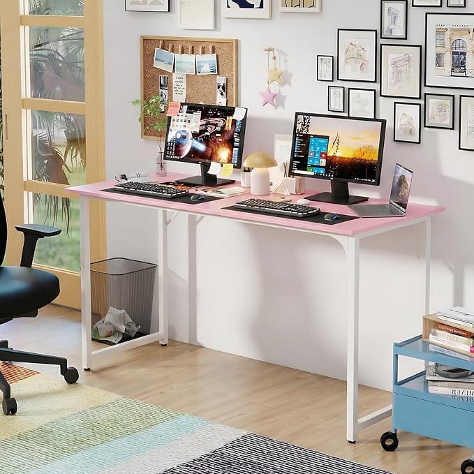 PayLessHere | 55 Inch Computer Desk | Pink | Office Desk with Metal Frame, Adjustable Feet | Water-Resistant, Scratchproof Surface | Sturdy Writing Table for Home Office or Study | Pack of 1 - Image 2