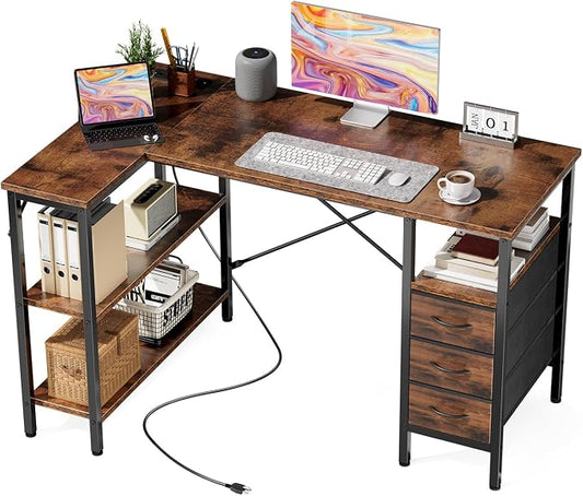 DUMOS L Shaped Desk with Drawers, Gaming Desk, 47 Inch | Power Outlet, Study Table, Adjustable Shelves, Home Office, Corner Computer Workstation, Bedroom, Brown by DumosLifestyle