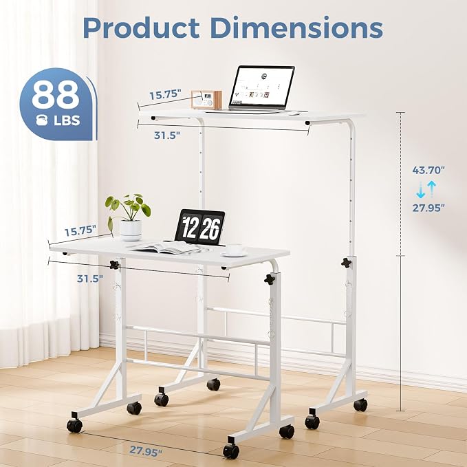 DUMOS 31.5" Walking Pad Desk, Laptop Desk, Home Office | Lockable Wheels, Adjustable Height, Portable Rolling Design, Treadmill Use, Stand Up Style, White - Image 2