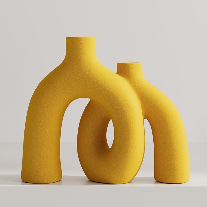 Hug Donut Decorative Vase Set - Yellow Vase, Modern Nordic Boho Style Vases Home Decor, Matte Ceramic Decorations for Living Room Shelf, Bookshelf Mantle Entryway Table or Console Décor (Yellow) by Jonronboci