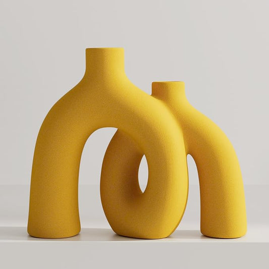 Hug Donut Decorative Vase Set - Yellow Vase, Modern Nordic Boho Style Vases Home Decor, Matte Ceramic Decorations for Living Room Shelf, Bookshelf Mantle Entryway Table or Console Décor (Yellow) by Jonronboci