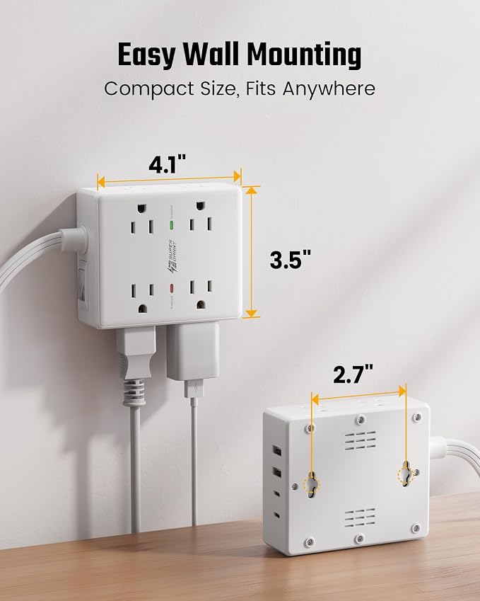 SUPERDANNY Extension Cord,Flat Plug Surge Protector Power Strip,10Ft | 8 AC & 4 USB Ports (2 USB C),Surge Protector with 1050J,Desk Charging Station for Home Office,College Dorm Room Essentials - Image 7