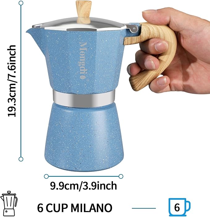 Mongdio Stovetop Espresso Maker Moka Pot, Cuban Coffee Maker Stove top coffee maker Moka Italian Espresso Greca Coffee Maker Brewer Percolator, 6 Espresso Cups, 10 oz - Blue - Image 5