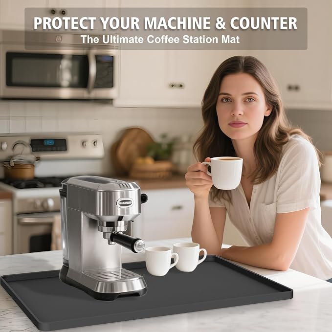 Silicone Coffee Mat 24"x16", Single Piece Anti-Vibration Under Coffee Maker Mat, Non-Slip Espresso Machine Mat with 10mm Raised Edge, Noise Reduction Countertop Protector, Fits Breville Ninja Keurig - Image 7