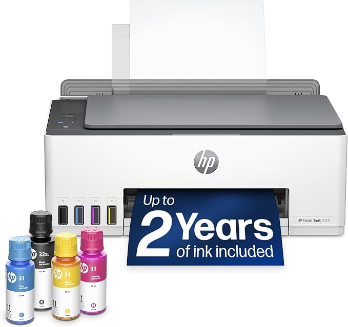 HP Smart Tank 5101 Wireless All-in-One Refillable Printer, Scanner, Copier with 2 Years of Ink Included, Wireless (2.4ghz only) Printer-for-Home use (1F3Y0A) by Unknown