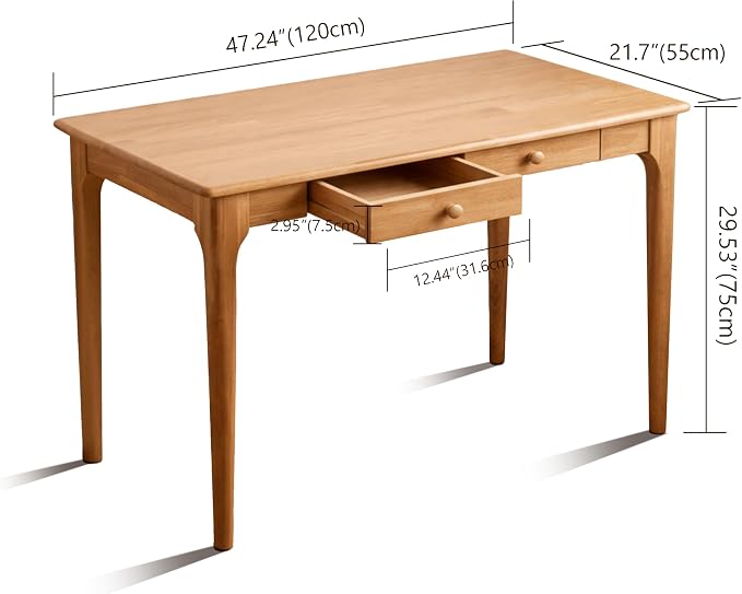 47" Solid Wood Desk with Drawers,Mid Century Modern Natural Real Wood Writing Desk,Home Bedroom Computer Office Workstation Desks,Small Spaces,Wood Color - Image 2