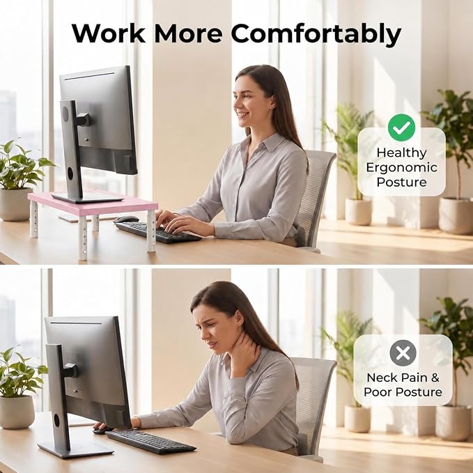 OPNICE Adjustable Computer Monitor Stand Riser for Desk, Desk Organizer & Office Decor for Women, Laptop Stand, Office Desk Accessories & Workspace Organizers for Home Office, Pink Wood - Image 4