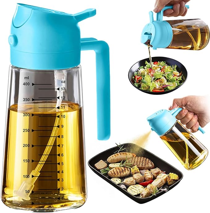 TrendPlain 16oz/470ml Glass Olive Oil Sprayer for Cooking – 2 in 1 Olive Oil Dispenser Bottle for Kitchen Gadgets and Air Fryer Accessories, Salad, BBQ - Sky Blue by TrendPlain