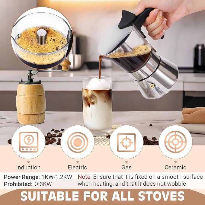 4 Cup 200ml Glass Moka Pot, Stovetop Espresso Maker, Silver | Crystal Glass-top & Stainless Steel Coffee Maker, Induction Compatible, for Greca de Cafe, Cuban and Italian Coffee Brewing - Image 4