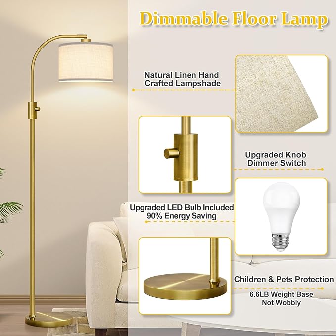 Nintiue Upgraded Modern Arc Dimmable Tall Standing Floor Lamp with Linen Shade, 1200 Lumens LED Bulb Included, for Living & Reading Room, Bedroom, Office & Nursery, Brass - Image 4