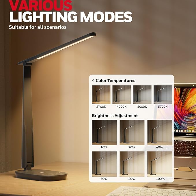 Honeywell HWT-H2 LED Desk Lamp for Home Office, CRI94 Full Spectrum Eye-Caring Light, Dimmable Table Lamp with USB-A & USB-C Charging Ports, Foldable Touch Control Reading Lamp, Black - Image 2