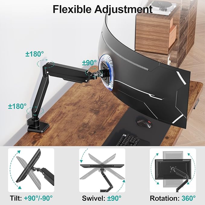MOUNT PRO Heavy Duty Monitor Arm for 49 inch Ultrawide Screen up to 44 lbs, Single Desk Computer Mount Curved Monitor Stand for Samsung Odyssey G9, Adjustable Gas Spring VESA Mount 75x75 100x100 - Image 3