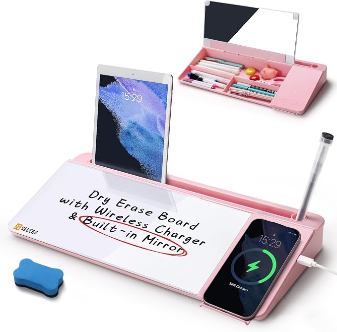 SELEAD Desktop Glass Whiteboard with Wireless Charger Station and Mirror, Dry Erase Board Computer Pad Keyboard Stand with Organizer for Home, School, Office Desk Accessories, Pink by SELEAD