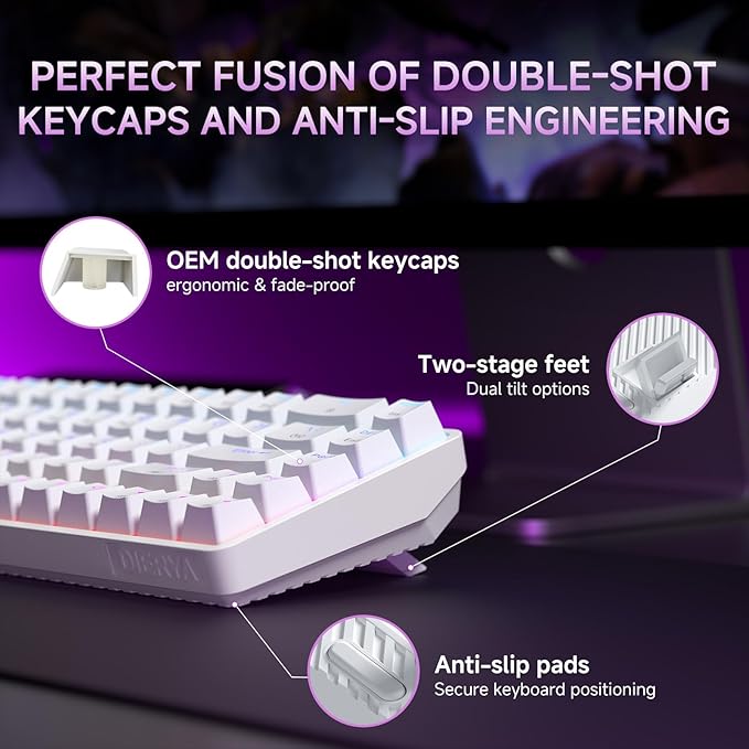 DIERYA DK68 60% Wireless Mechanical Gaming Keyboard, 3-Mode, Bluetooth 5.0/2.4G/USB-C, RGB Backlit, 68-Key Compact Mini for Windows, Mac, Linux - Linear Red Switch - White - Image 7