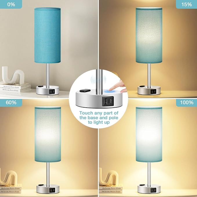 Fenmzee Turquoise Nightstand Table Lamp for Bedroom - 3 Way Dimmable Touch Lamp USB A and C Charging Ports and AC Outlet, Small Lamp for Office Desk with Metal Base, LED Bulb Included - Image 2