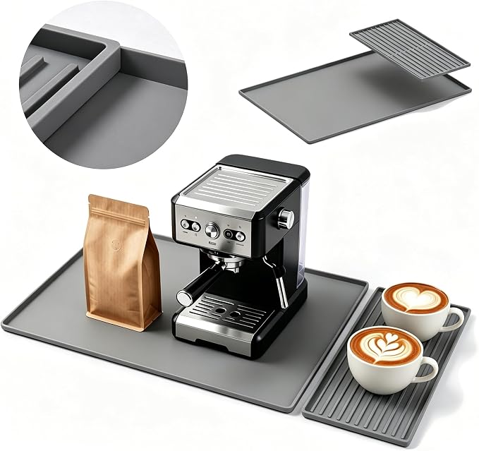 Silicone Coffee Mat 24 x 16 in with Tray, Minimal Light Gray | Coffee bar mat for countertop use, coffee station mat or coffee machine mat with removable tray and 0.47 in raised rim. by DXOKNQG