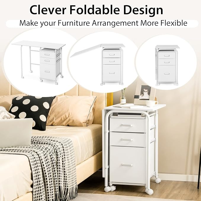 Folding Computer Desk with 6 Wheels, 41.5" Modern Steel Collapsible Home Office Desk with 3 Storage Drawers, Portable Writing Laptop Desk for Bedroom, Study, Small Space, Home Office, White - Image 6