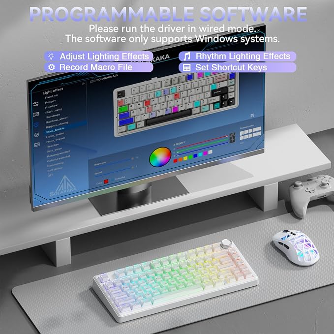 SOLAKAKA A75 Wireless Gaming Keyboard with Multifunction Knob, BT5.0/2.4GHz/USB-C, 75% Mechanical Keyboard, Hot-Swappable, Gasket Creamy Keyboard with RGB Backlit, Crystal Keycaps, for PC/Mac/PC - Image 9