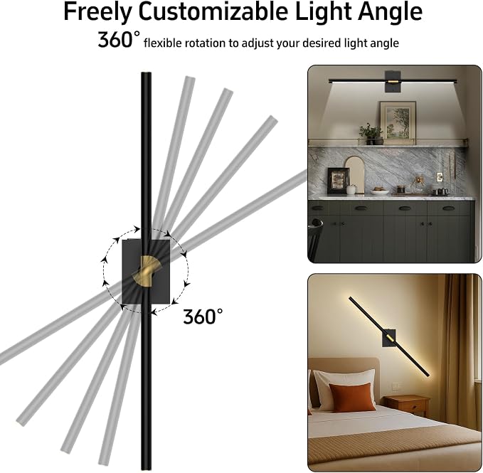 iThird Wall Sconce Battery Operated Wall Light: 10000mAh Wireless Wall Sconces with Remote Control, 360° Rotate Rechargeable Wall Scone for Bedroom Living Room Bathroom Hallway, 31.5 Inch, Black - Image 6