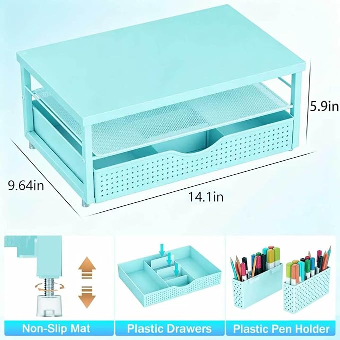 gianotter Desk Organizers and Accessories, Monitor Stand with Drawer and 2 Pen Holder, Desktop Organizer Suitable for Offices and Dormitories (Blue-Plain) - Image 5