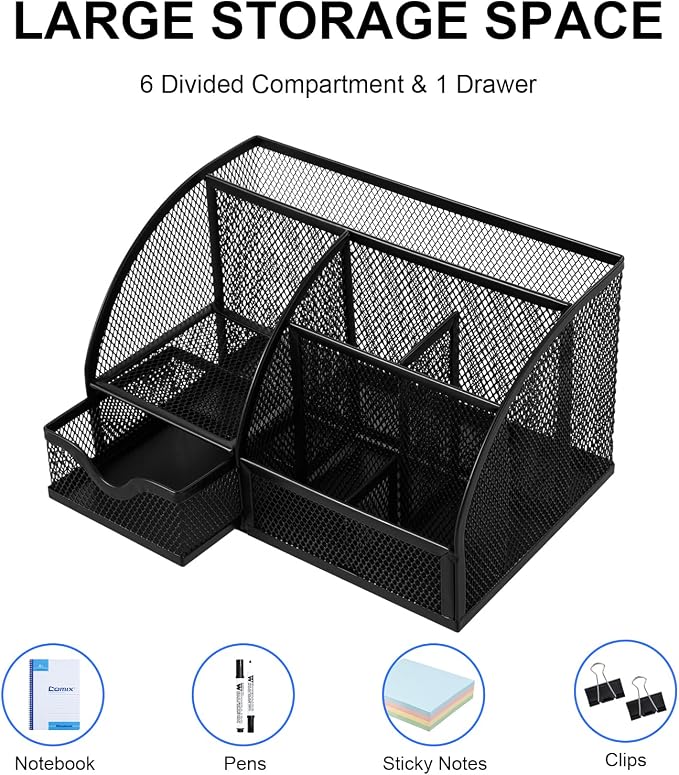 Comix Mesh Pen Pencil Holder Desk Organizer, 7 Compartment Wire Desktop Pen Pencil Cup Caddy Office Supplies for Home Office School, Black - Image 4