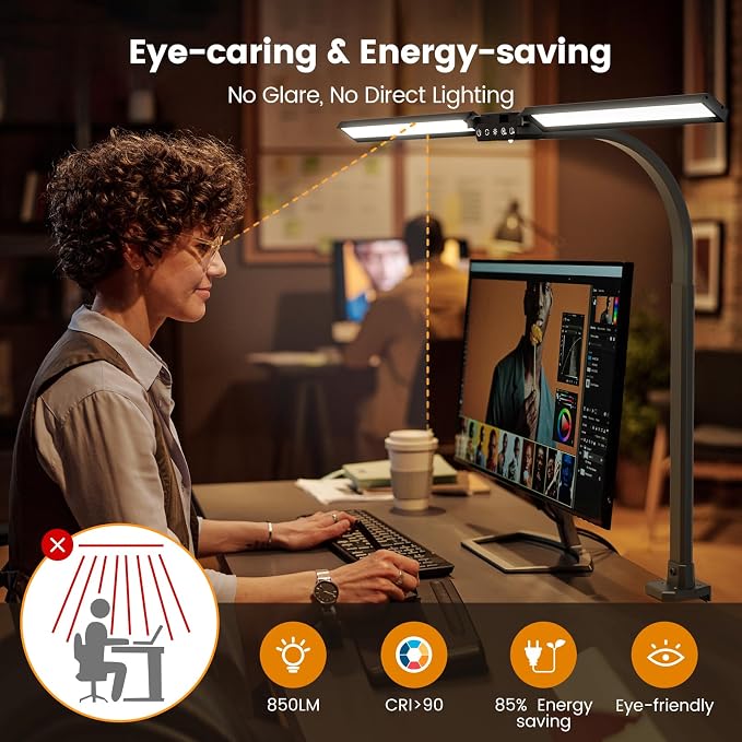 SIBRILLE Upgraded LED Desk Lamp for Home Office with RGB, Rotatable Computer Desk Light with Remote, Tall Table Lamp with Clamp for Working, Dimmable Dual Head Task Lighting for Monitor PC, 22W - Image 6