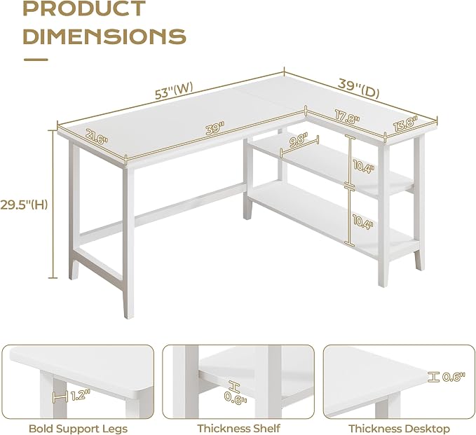 IOTXY Reversible L-Shaped Office Desk - 53" Modern Corner Computer Table with Storage Shelves, Solid Wood Legs, Home Writing & Study Workstation, White - Image 2