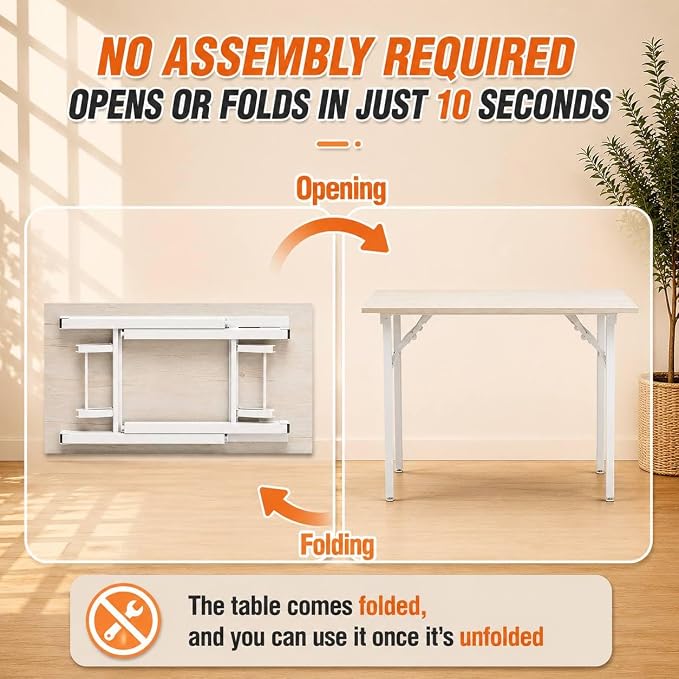 Folding Table Computer Desk - 43.3" No Assembly Folding Desk Design and Foldable Office Desk, Small Desk for Bedroom, Compact Storage Portable Use for Dorm and RV Small Space, White Ash - Image 3