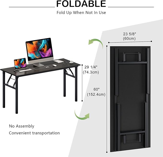 Need Office Computer Desk 60 Inch Sturdy Folding Laptop Table Black | Black Frame Writing Gaming Work Table/Foldable Home Office Desk/Sewing Table, No Assembly Required - Image 6