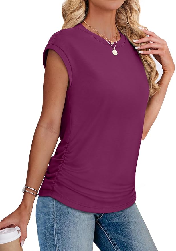 Sampeel Womens Summer Tops Trendy 2026 Ruched Cap Short Sleeve Tshirts Shirts Crew Neck T Shirts Fashion - Image 4
