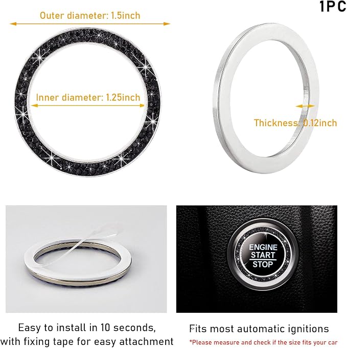 Kewucn Bling Crystal Double Rhinestone Car Engine Start Decoration Ring, Sparkling Push Start Button Sticker, Key Ignition & Knob Ring Decoration, Bling Car Interior Accessory (Black) - Image 2