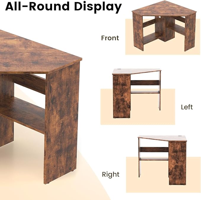 GOFLAME Corner Desk with Storage Shelves, Triangular Computer Desk with Cable Management Holes, Laptop Workstation for Small Space, Makeup Vanity Desk for Living Room, Study, Rustic Brown - Image 7