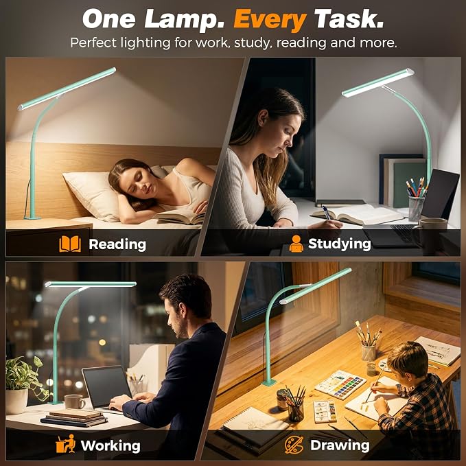 Airlonv LED Desk Lamp for Office Home, Eye-Caring Desk Light with Stepless Dimming Adjustable Flexible Gooseneck, 10W USB Adapter Desk Lamp with Clamp for Reading, Study, Workbench (Mint Green) - Image 5