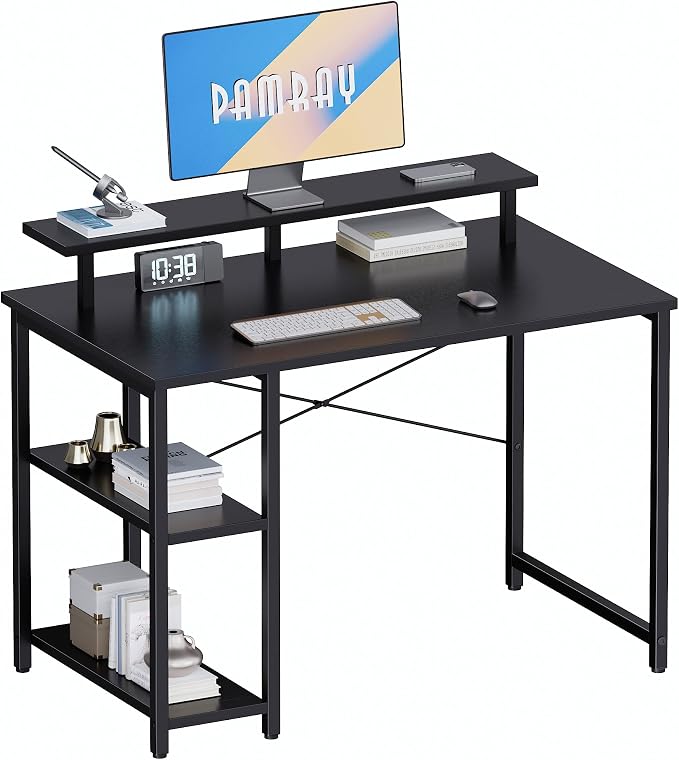 Pamray 33.5 Inch Small Computer Desk with Monitor Stand and Shelves | Sturdy, Space-Saving, Easy Assembly, Suitable for Bedroom, Office, Apartment and Dorm, Used for Writing and Studying by PAMRAY