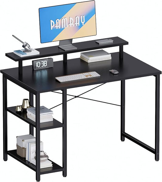 Pamray 33.5 Inch Small Computer Desk with Monitor Stand and Shelves | Sturdy, Space-Saving, Easy Assembly, Suitable for Bedroom, Office, Apartment and Dorm, Used for Writing and Studying by PAMRAY